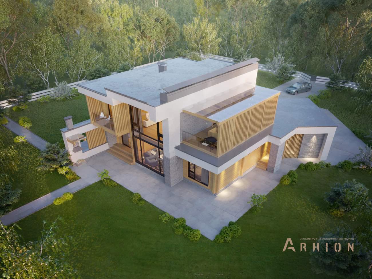 4. Проект двухэтажного дома в стиле хай-тек с плоской кровлей , rh-319, площадью - 328 кв c терассой, балконом, гаражом